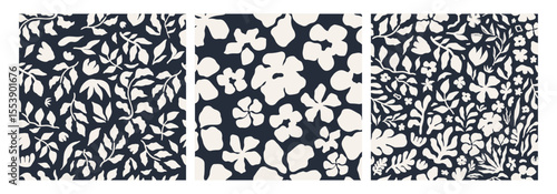 Abstract floral seamless pattern set featuring bold floral and botanical silhouettes in black and cream. Hand-drawn modern design is perfect for textiles, packaging, wallpaper, and digital projects.