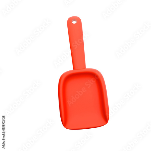 A bright red scoop with a flat base and a long handle, designed for easy handling of various materials.