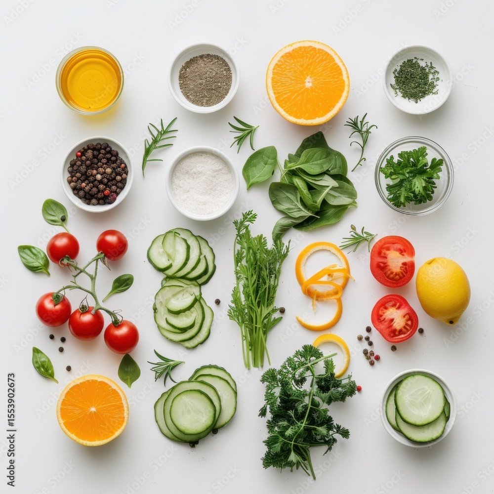 A diverse collection of fresh, vibrant ingredients including vegetables, fruits, herbs, and spices, presented in a clean, organized flat lay A diverse collection of fresh, vibrant ingredients including vegetables, fruits, herbs, and spices, presented in a clean, organized flat lay