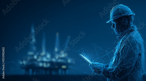Engineer in hard hat using tablet with offshore oil rig in background digital wireframe