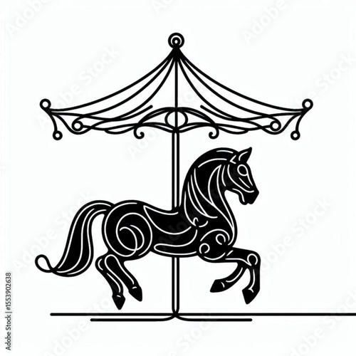 Minimalist black line illustration of a carousel horse under a decorative canopy on a white background