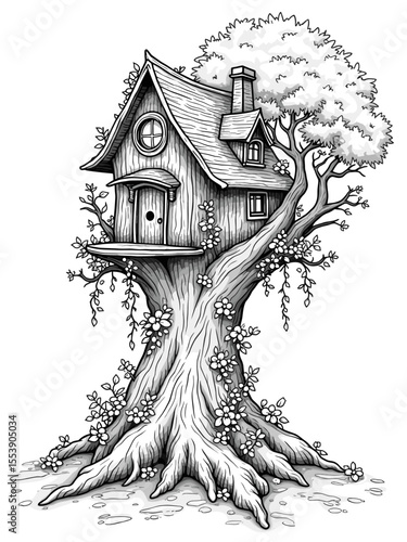 An enchanting illustration showcases a whimsical treehouse nestled within the embrace of a grand, ancient tree. A charming home offers a sense of peace and tranquility. coloring page