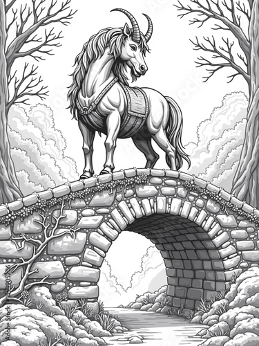 mythical unicorn in fairy tale landscape vector illustration drawing, coloring page