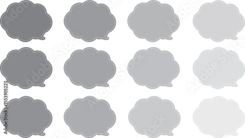 グレーの12色の雲の形をした吹き出しセット。グレーのバリエーション。