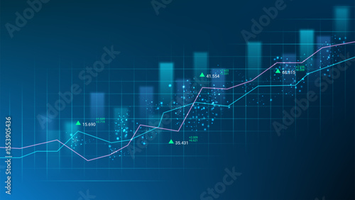 Abstract digital financial chart with line and bar graphs, glowing effects, and data points. Perfect for fintech, analytics, stock market, investment, and economic presentations.