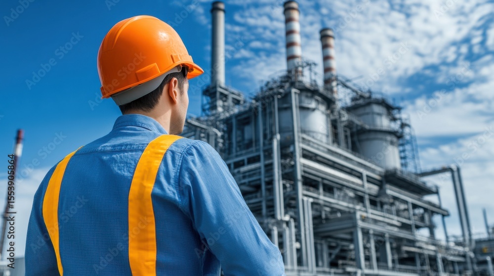 Worker in Safety Gear Observing Industrial Facility with Blue Sky Background Worker in Safety Gear Observing Industrial Facility with Blue Sky Background