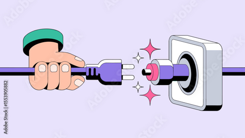 hand plugging a cable into a wall socket, vector illustration for connecting disparate systems, establishing connectivity and system integration
