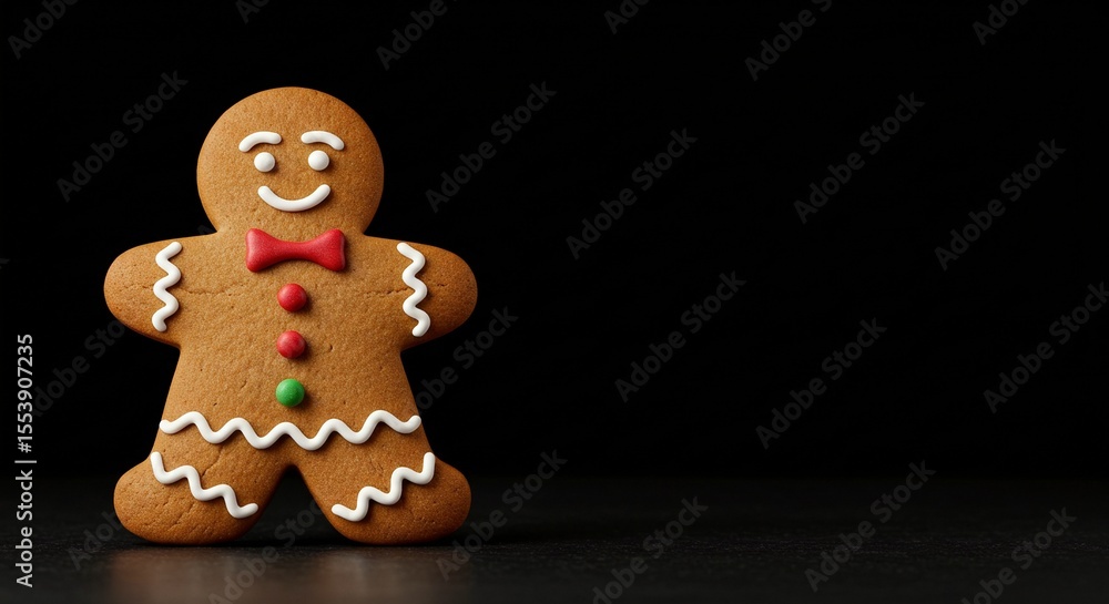 A festive gingerbread man cookie stands against a stark black background, ready for the holiday season. A festive gingerbread man cookie stands against a stark black background, ready for the holiday season.