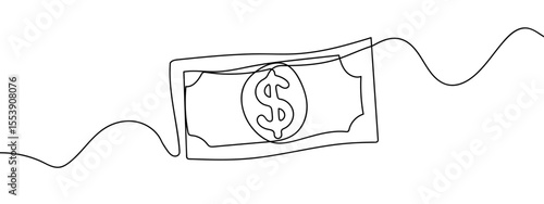 Continuous line, one banknote with dollar symbol in the center, money, financial business illustration. Minimal hand drawn line vector cut out background editable stroke.