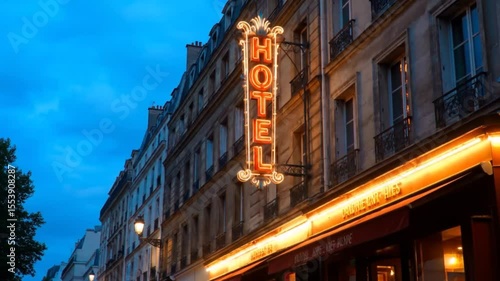 Illuminated hotel sign hangs on building exterior at dusk in a cityscape scene