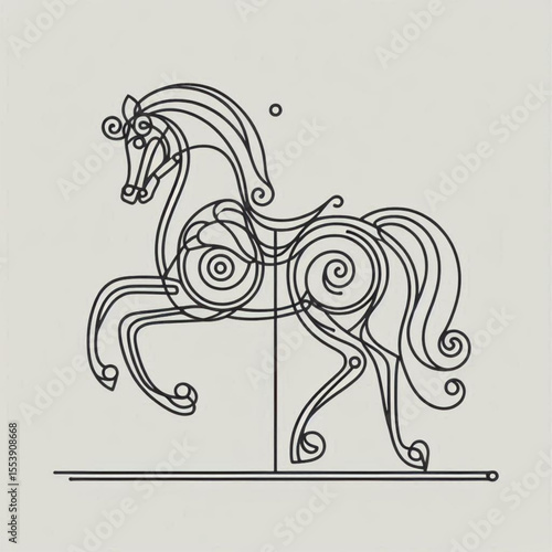 Elegant line art illustration of a carousel horse with swirls on a light background