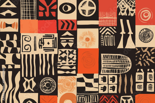 This modern set consists of hand drawn African elements like tribal shapes and textile ornaments, in addition to traditional ritual masks, vases, ethnic circles, and borders, with mystic symbols,