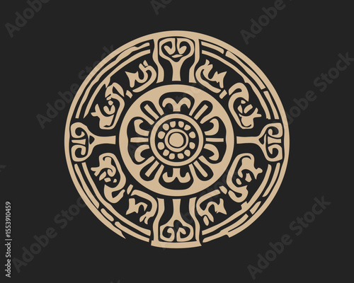 The ancient Mayan calendar is the subject of a modern illustration on a black background, highlighting images of the Aztecs, Mayans, and Incas