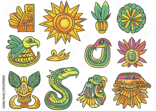 The mayan aztec culture is rich in symbols, including totems of modern and ancient animals, birds, sun, and gods, as well as mexican and inca idol heads with intricate patterns
