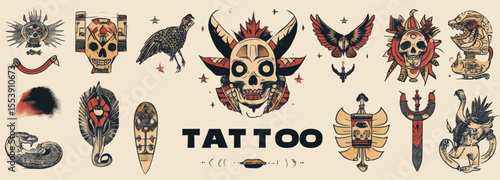 The old school tattoo collection is a tribute to the traditional style of Mexican Mesoamerican culture, featuring iconic symbols from the Mayan, Aztec, and Inca civilizations, including the sun