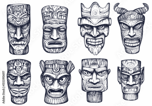 A modern representation of old tribal totems is seen in the sketch of wooden tiki masks, a traditional ethnic idol of Hawaiian or Maori Polynesian culture