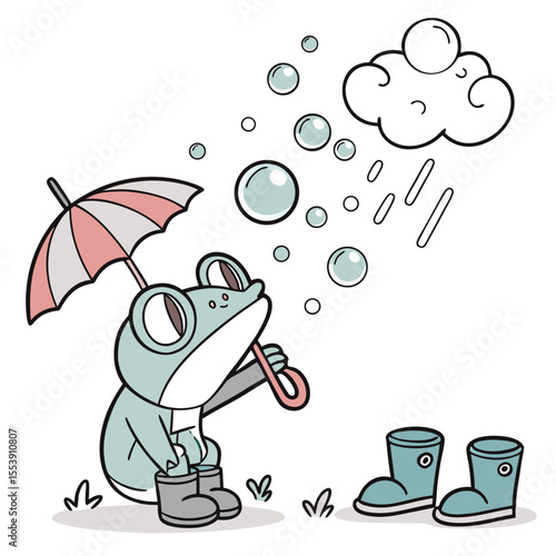 Cute Bashful Red-eyed tree frog, accessorized with blowing bubbles, in a Rainy day world – Raindrop Calm palette vector