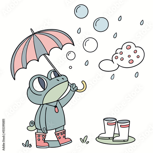 Cute Bashful Red-eyed tree frog, accessorized with blowing bubbles, in a Rainy day world – Raindrop Calm palette vector