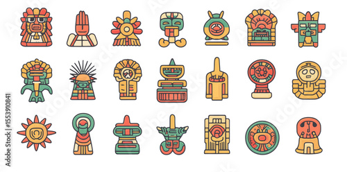 Traditional old Mexican indigenous ritual monster signs are incorporated into a modern colorful set representing a Mayan animal totem from ancient Maya and Aztec native mythology