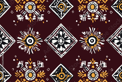 Ikat flowers and tribal backgrounds form a Seamless Pattern, blended with Ethnic Geometric Batik Ikkat modern digital textile Design, ideal for Prints on Fabric, saree, and featuring Mughal brush