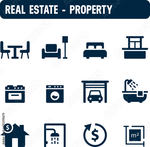 Real estate icons. Property vector set. Filled icon design. Rooms and house for sale.