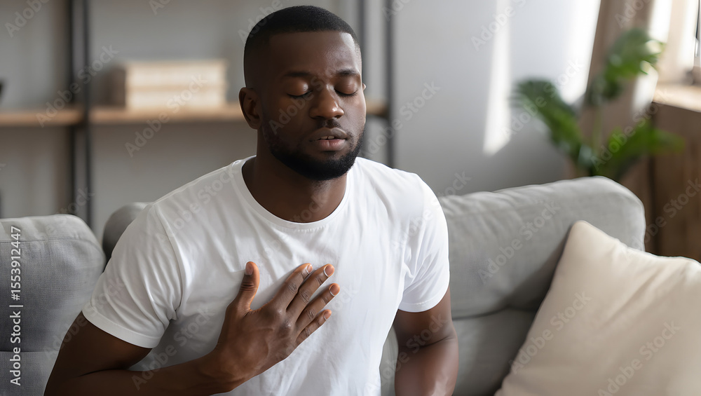 Man with eyes closed hand on chest deep breath calm relaxation on sofa. Man with eyes closed hand on chest deep breath calm relaxation on sofa.