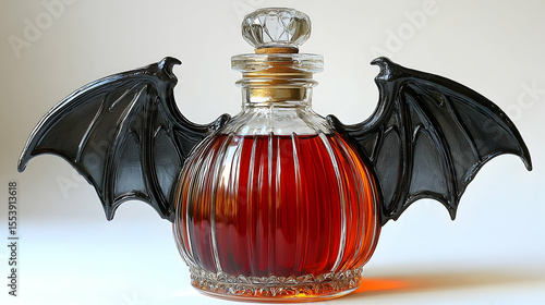 Glass bottle filled with red liquid, adorned with decorative black bat wings, resting on a white surface