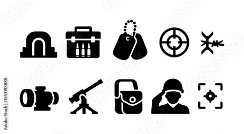 Military silhouette icon set. equipment, weapons, targets, soldier silhouette collection