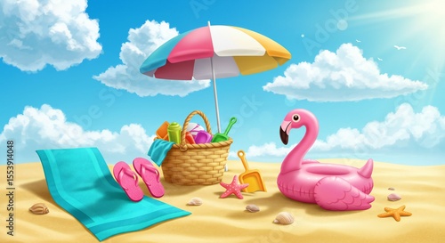 Wallpaper Mural Bright beach scene with multicolored umbrella, wicker basket filled with toys, pink flamingo float, blue sky, soft clouds; warm and cheerful mood. Torontodigital.ca