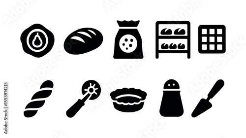 Bakery solid icon set. bread, baking tools, kitchen elements in solid style