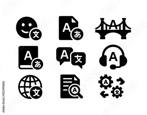 Language translation solid icon set. communication and global symbols in solid design