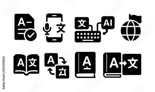 Language translation solid icon set. communication, global, ai, speech, book icons