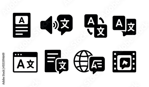 Language translation solid icon set. communication, speech, global symbols collection