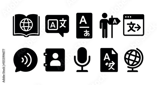 Translation, language solid icon set. communication, global symbols solid collection