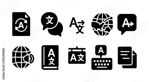Translation, language solid icon set for communication, global interaction