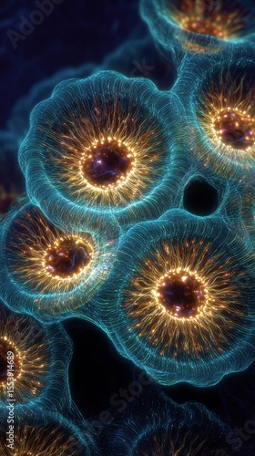 Wallpaper Mural A mesmerizing view of cellular formations through a kaleidoscopic lens—glowing filaments radiate from layered mykoplasma-like structures, blending science with abstract beauty.mykoplasma background, Torontodigital.ca