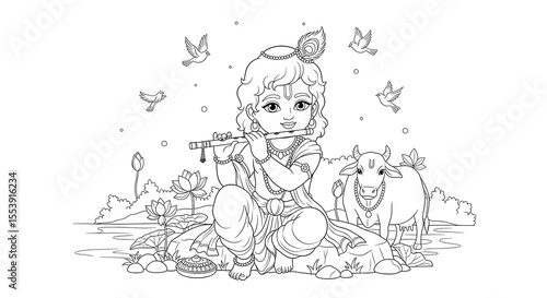Cute krishna playing flute with cow and birds isolated on transparent background