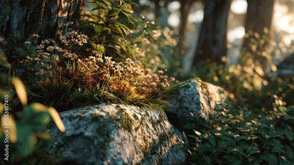 Obraz premium Intricate forest floor with light dappling through foliage and mossy stones