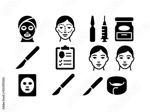 Beauty and skincare solid icon set. cosmetic surgery, facial treatments collection