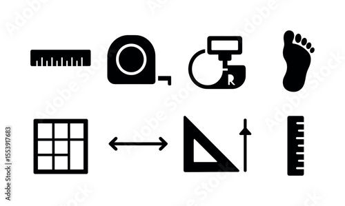 Measurement tools solid icon set. rulers, foot prints, instruments collection