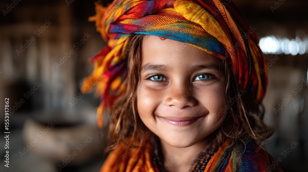 A charming young girl with bright blue eyes and a beautifully colored headscarf smiles gracefully, radiating joy and innocence in a warm and inviting environment that enhances her natural beauty. A charming young girl with bright blue eyes and a beautifully colored headscarf smiles gracefully, radiating joy and innocence in a warm and inviting environment that enhances her natural beauty.