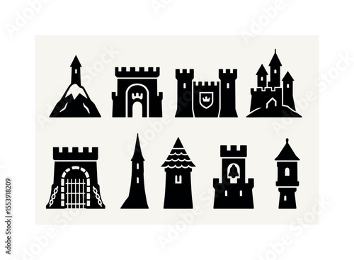 Medieval castle silhouette icon set. fortresses, towers, gates, historic buildings