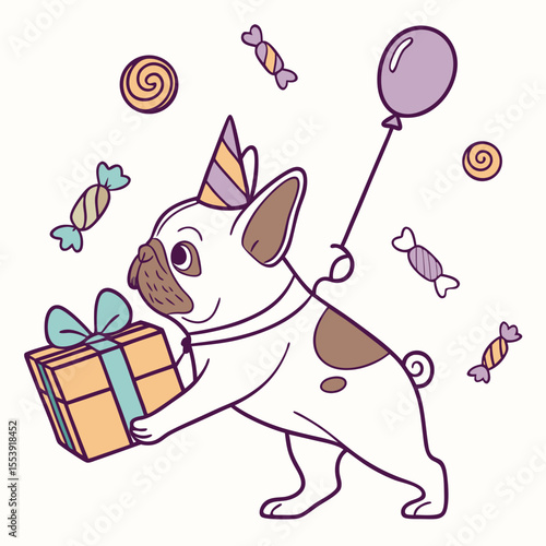 Cute Mischievous French Bulldog, accessorized with carrying a gift box, in a Birthday world – Candy Shop palette vector