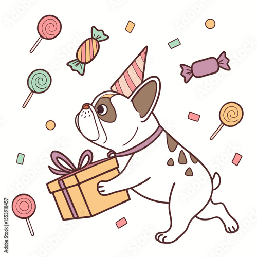 Cute Mischievous French Bulldog, accessorized with carrying a gift box, in a Birthday world – Candy Shop palette vector