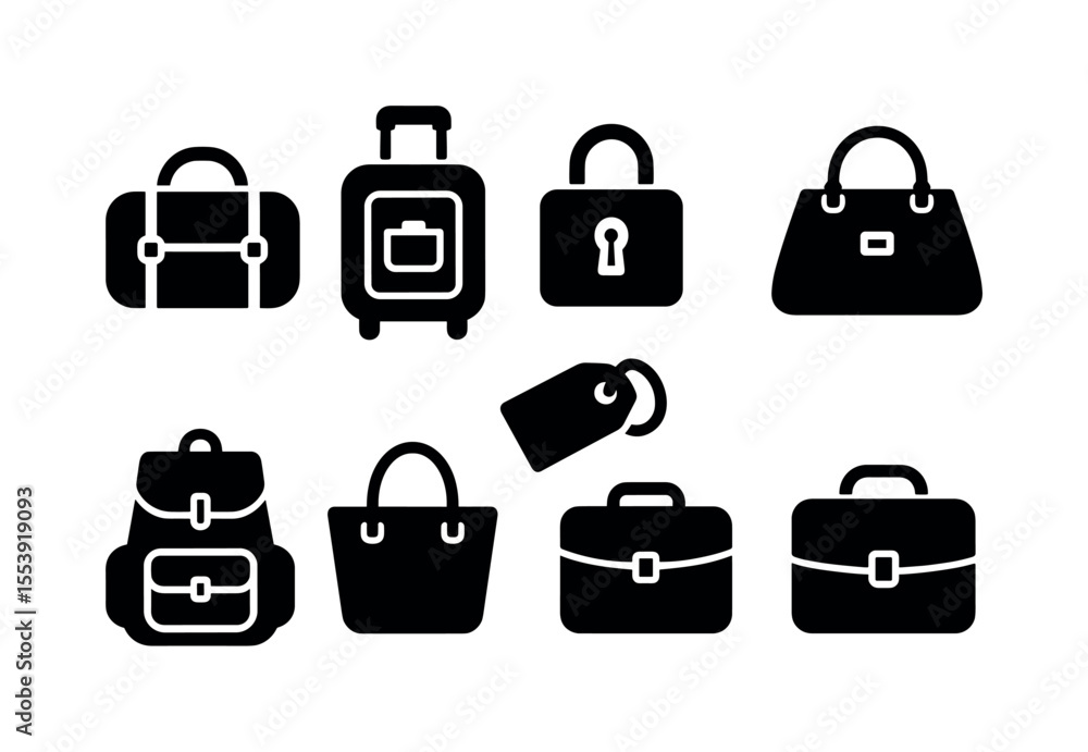 Luggage and bags silhouette icon set. travel and backpack icons collection Luggage and bags silhouette icon set. travel and backpack icons collection