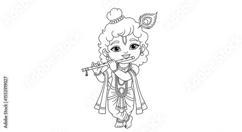 Cute cartoon baby krishna playing the flute with a peacock feather isolated on transparent background