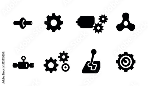 Automotive silhouette icon set: gears, engine parts, car components in black style