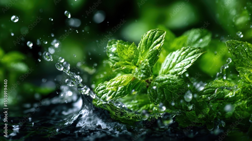 A vibrant shot of fresh mint leaves splashing into water, capturing the essence of freshness and vitality, with droplets glistening against a dark background. A vibrant shot of fresh mint leaves splashing into water, capturing the essence of freshness and vitality, with droplets glistening against a dark background.