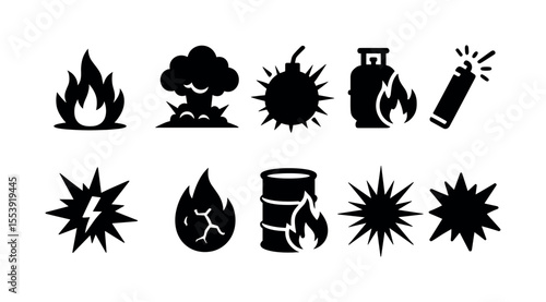 Explosive and fire safety silhouette icon set. hazard symbols collection