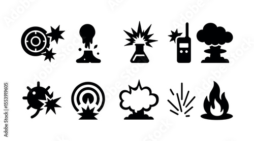 Explosive, hazard silhouette icon set. danger, safety, warning symbols collection
